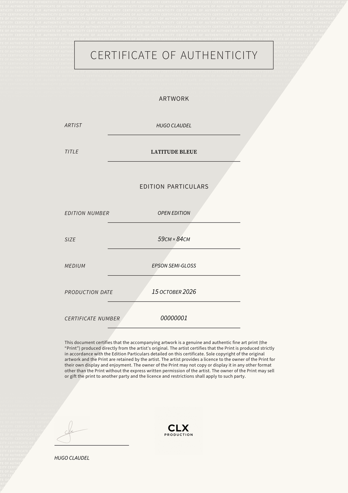 Latitude Bleue — Certificate of Authenticity